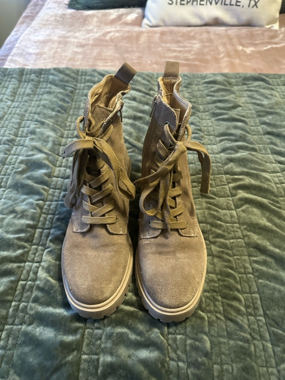 Women’s Taupe Lace-Up Suede Combat Boots